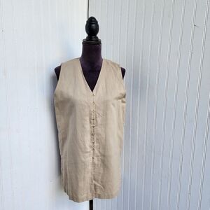 Bogari Studio Womens Linen Cotton Tunic Sleveless Button Down V-Neck Beige Sz M